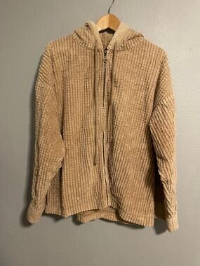 Vintage Womens Hoodie Medium Beige Waffle Knit Sherpa Full Zip Granola Girl 90s